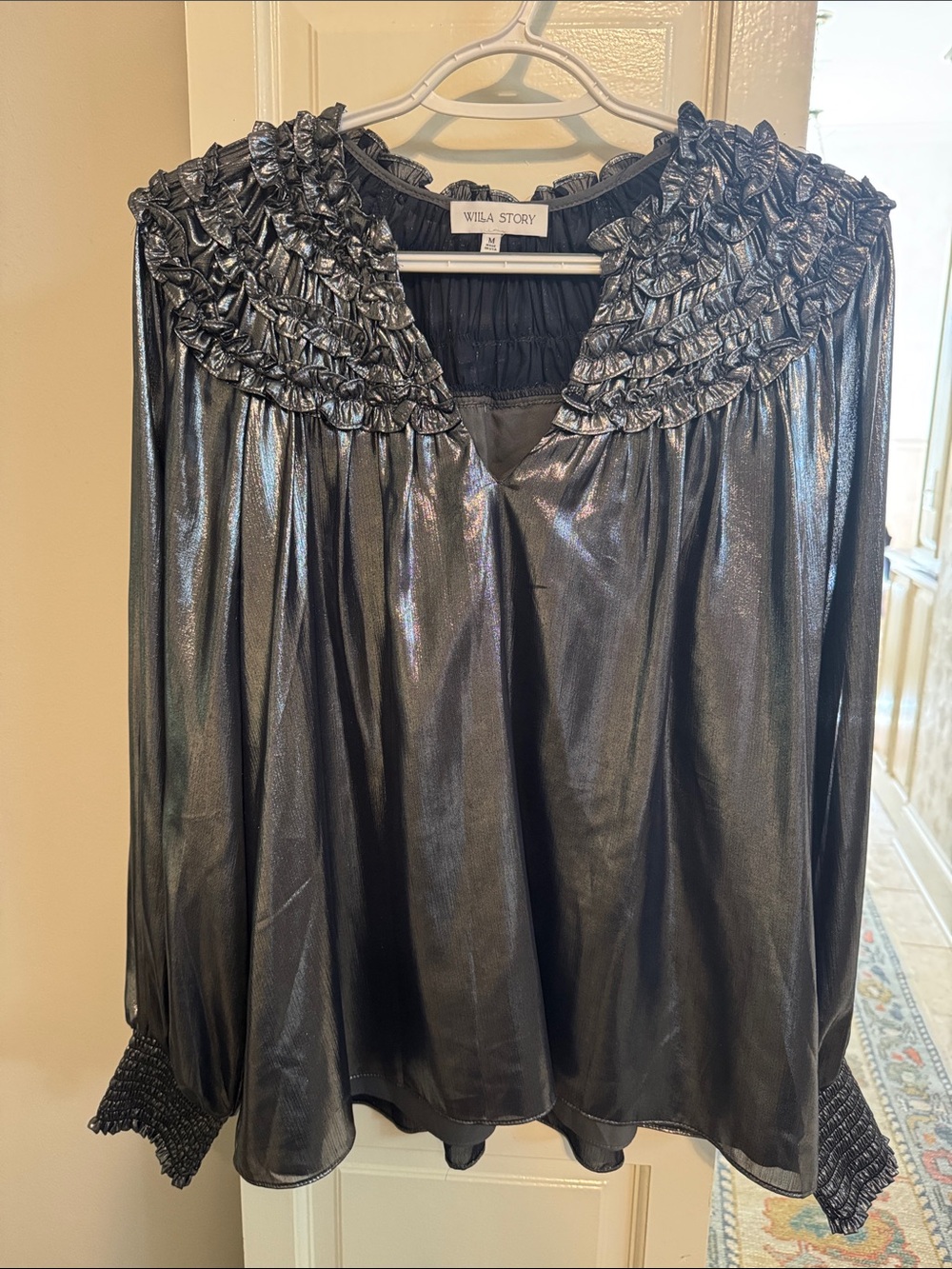 Willa Story Metallic Black Ruffled-Yoke Blouse